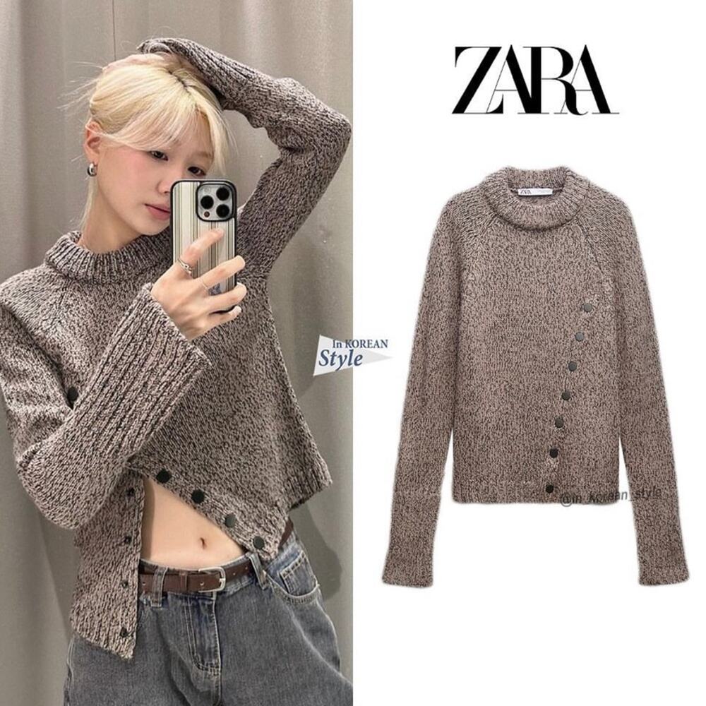ZARA ASYMMETRIC BUTTON TWISTED YARN KNIT SWEATER
